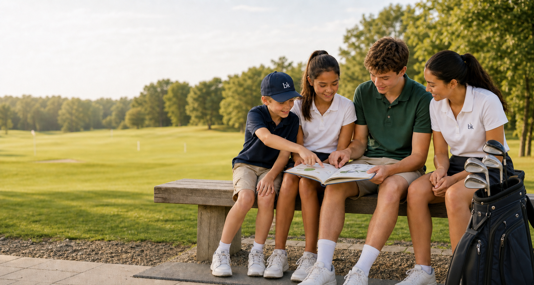 Junge Golferinnen und Golfer von Kind bis jungem Erwachsenenalter schauen gemeinsam in ein Golf-Lexikon