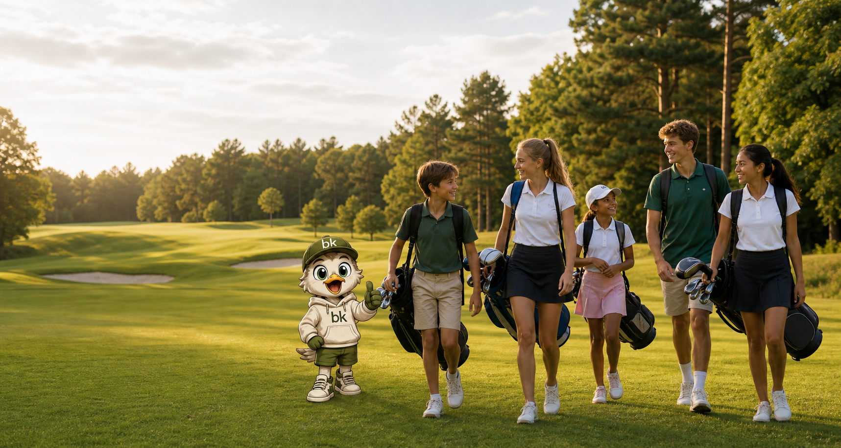 Junge Golferinnen und Golfer gehen gemeinsam mit Lio über den Platz